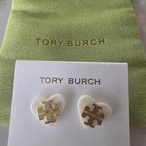 Tory Burch Gold and White Heart Stud Earrings
